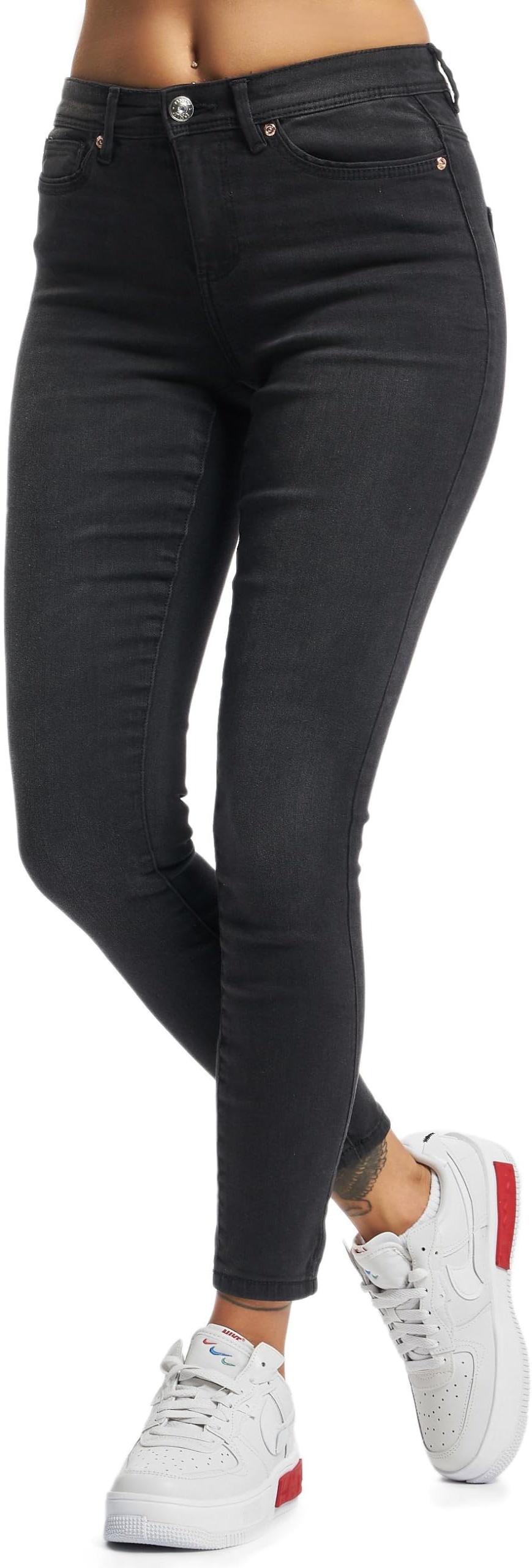 ONLY Damen Skinny Fit Jeans | Normal Waist Denim Stretch Hose | Bleached Used Design ONLWAUW, Farben:Schwarz, Größe:M / 30L
