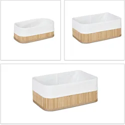 Relaxdays Aufbewahrungskorb 3er Set, Stoffbezug, Bambus, rechteckig, Bad, Accessoires, Spielzeug, Allzweckkorb, natur