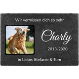 PfotenSchild Schieferplatte Gedenktafel für Hund & Katze - mit Foto, Name und Wunschtext selbst gestalten - Tiergrabstein, wetterfest - Schiefertafel 20x30cm I personalisiert