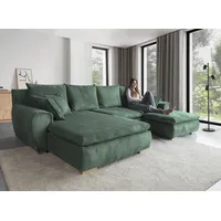 Ecksofa HOME AFFAIRE "Katja L-Form, B: 325 cm", grün (dunkelgrün), B:325cm T:183cm, 100% Polyester, Sofas, Ecksofa, mit Bettfunktion, Bettkasten & 4 Zierkissen, Topseller