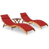 vidaXL Sonnenliegen 2 Stk. mit Tisch und Auflagen Polster-Farbe Rot Massivholz Akazie