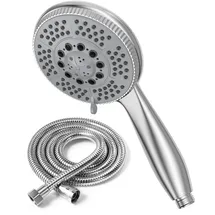 Vinabo Duschkopf mit Schlauch 1,5 m, wassersparende Handbrause mit 5 Strahlarten, Duschbrause mit Edelstahl-Duschschlauch, Sparduschkopf mit Silikondüsen, ABS Chrom, G1/2