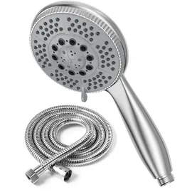 Vinabo Duschkopf mit Schlauch 1,5 m, wassersparende Handbrause mit 5 Strahlarten, Duschbrause mit Edelstahl-Duschschlauch, Sparduschkopf mit Silikondüsen, ABS Chrom, G1/2