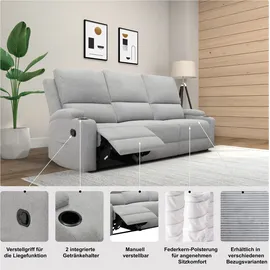 OTTO home 3-Sitzer OTTO HOME "Napori", grau (hellgrau), B:207cm H:105cm T:94cm, 100% Polyester, Sofas, Kinosofa mit 2 x Relaxfunktion und Getränkehalter