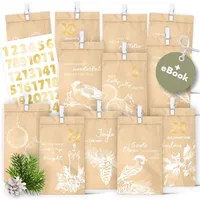 AMARI ® Adventskalender Nr.010 zum Befüllen Vintage White - 24 Papier Adventstüten (mit Holzklammern)- Papier Weihnachtstüten