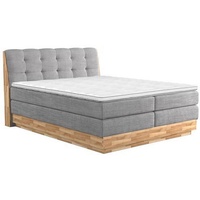 Boxspringbett, Hellgrau, Textil, Eiche, massiv, H3, 7-Zonen, Höhe ca. 20 cm, 200x200 cm, Fsc, Bettkasten, Matratze, gepolstertes Kopfteil, Topper durchgehend, Schlafzimmer, Betten, Doppelbetten