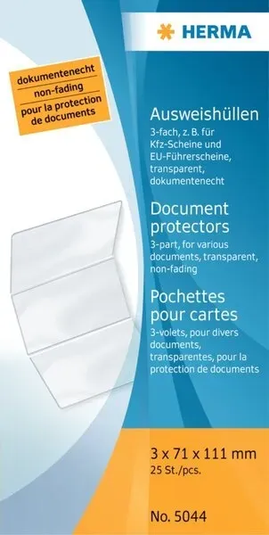 HERMA Ausweishülle 3 x 71 x 111 mm transparent für KFZ-Scheine, EU-Führerscheine, Packung à 25 Stück