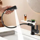 KAIYING Einhebelmischer Waschtischarmatur mit Herausziehbarer Brause, Bad Wasserhahn Ausziehbar mit 3 Modi, Einloch Mischbatterie Waschbecken mit Temperaturanzeige (Batterielos) (Schwarz)
