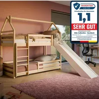 Hochbett mit Rutsche 90x200 cm, Hausbett, Etagenbett mit Rausfallschutz und Leiter, Bett Bed Bodenbett Jugendbett Spielbett für 2 Kinder, Kinderzi...