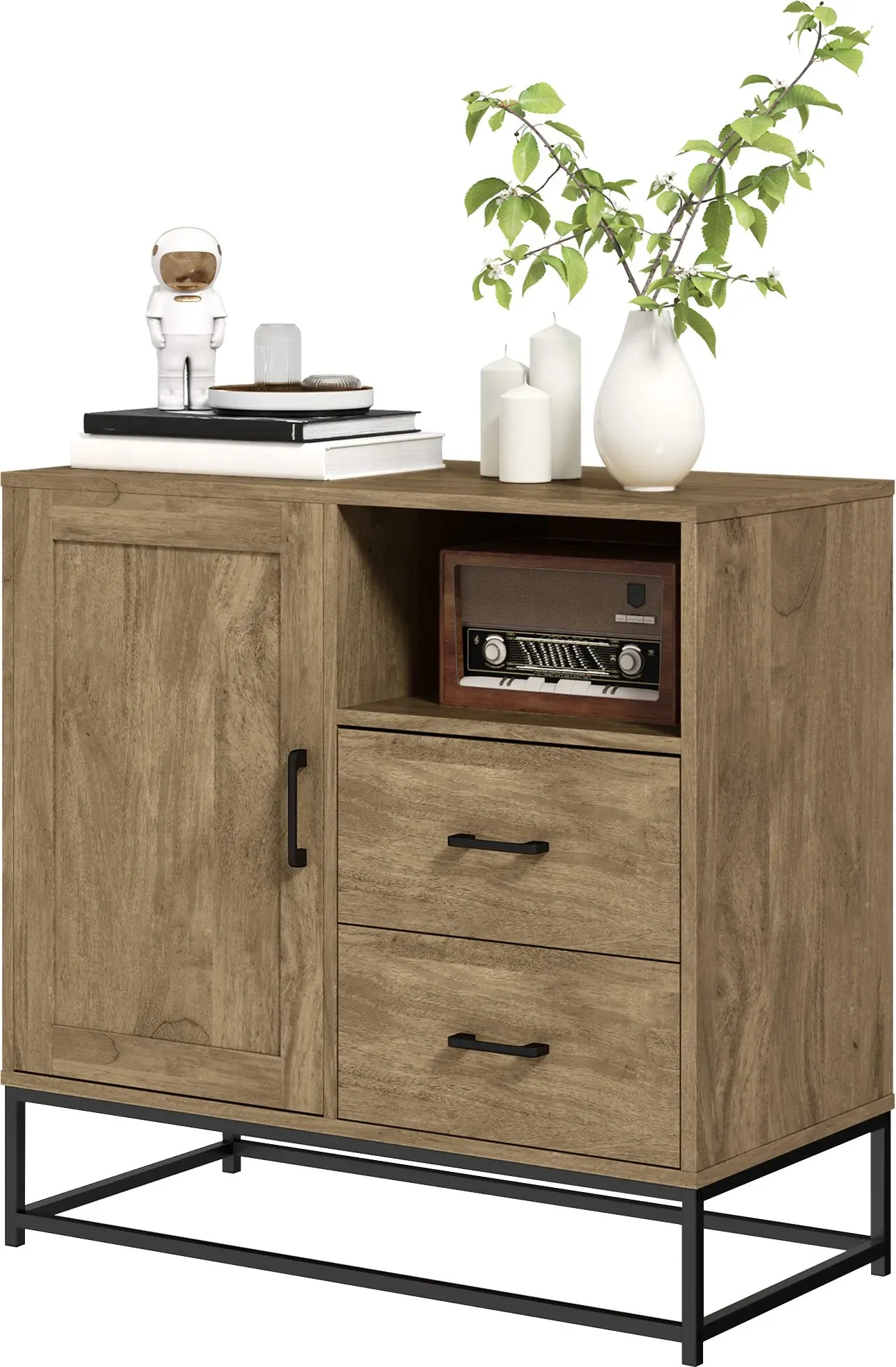 HOMCOM Buffet Wohnzimmer Aufbewahrungsmöbel modernes Design mit 2 Schubladen, offenem Fach und verstellbarem Regal - Esszimmer, Küche und Wohnzimmer Buffet, 80 x 40 x 78 cm, Naturholz   Aosom