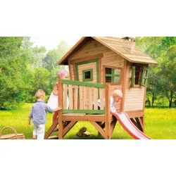 Spielhaus Garten Sara 262 x 157 x 199 cm - Kinderspielhaus aus Zedernholz, Braun / Weiß, Grün - Holzspielhaus für Garten - Kinderhaus mit Rutsche
