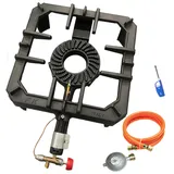 NJ GB-29SD Gusseisen Hockerkocher mit Zündsicherung Gaskocher Campingkocher + Gasschlauch-Druckminderer-Set
