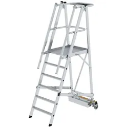 Podestleiter 6 Stufen, fahrbar, Aluminium/Aluminium