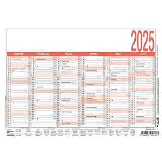 Zettler - Arbeitstagekalender 2025 weiß/rot, 21x14,8cm, Plakatkalender mit Monatsübersicht, 6 Monate auf 1 Seite, Ferientermine, Arbeitstage-, Tages- und Wochenzählung und deutsches Kalendarium