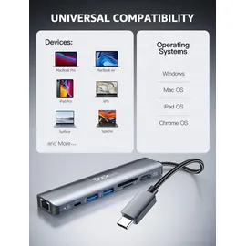 Dockteck USB C Hub Dockteck 7-in-1 Dock DD0003 USB C Adapter, Ethernet LAN RJ45, 4K 60Hz HDMI, 100W Power Delivery, 2 USB 3.0 Ports und SD/microSD für iPhone 15 Pro MacBook M1, iPad Pro, Surface Pro und Mehr