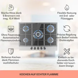 Klarstein Gaskocher 5-Flammig, 10,4kW Einbau-Gaskocher für Innenbereich, Edelstahl-Gaskocher für Wohnmobil, 5-Flammiger Gaskocher, Moderner Einba... - Schwarz