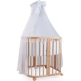 Waldin mobiles Babybett aus Holz 7in1 mit Matratze, mitwachsend,Stoffe weiss,Holz natur