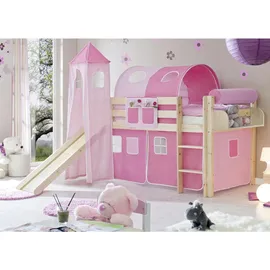 TICAA Hochbett Kasper mit Rutsche und Turm 90 x 200 cm Kiefer massiv natur rosa/pink
