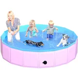 CACSPS Faltbarer Hundepool, 220 x 30 cm Kinderpool aus Hartplastik, rutschfeste Hundebadewanne für den Außenbereich, zusammenklappbarer Hundeschwimmpool für Kinder, Hunde und Haustiere (Rosa)