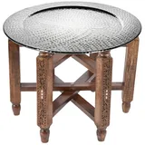 Marrakesch Orient & Mediterran Interior Marokkanischer Runder Tisch Couchtisch Halab ø 60cm rund | Orientalischer Wohnzimmertisch mit klappbaren Vintage Gestell aus Holz in Braun | Tablett Nizza Klapptisch ist aus Metall Silber