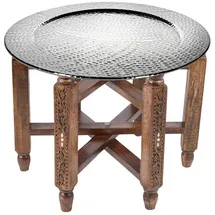 Marrakesch Orient & Mediterran Interior Marokkanischer Runder Tisch Couchtisch Halab ø 60cm rund | Orientalischer Wohnzimmertisch mit klappbaren Vintage Gestell aus Holz in Braun | Tablett Nizza Klapptisch ist aus Metall Silber