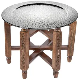 Marrakesch Orient & Mediterran Interior Marokkanischer Runder Tisch Couchtisch Halab ø 60cm rund | Orientalischer Wohnzimmertisch mit klappbaren Vintage Gestell aus Holz in Braun | Tablett Nizza Klapptisch ist aus Metall Silber