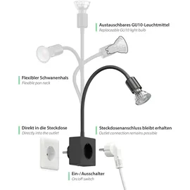 ledscom.de Steckdosenleuchte/Leselampe LESCH, Schwanenhals, Schalter, schwarz, 1x GU10 max. 10W