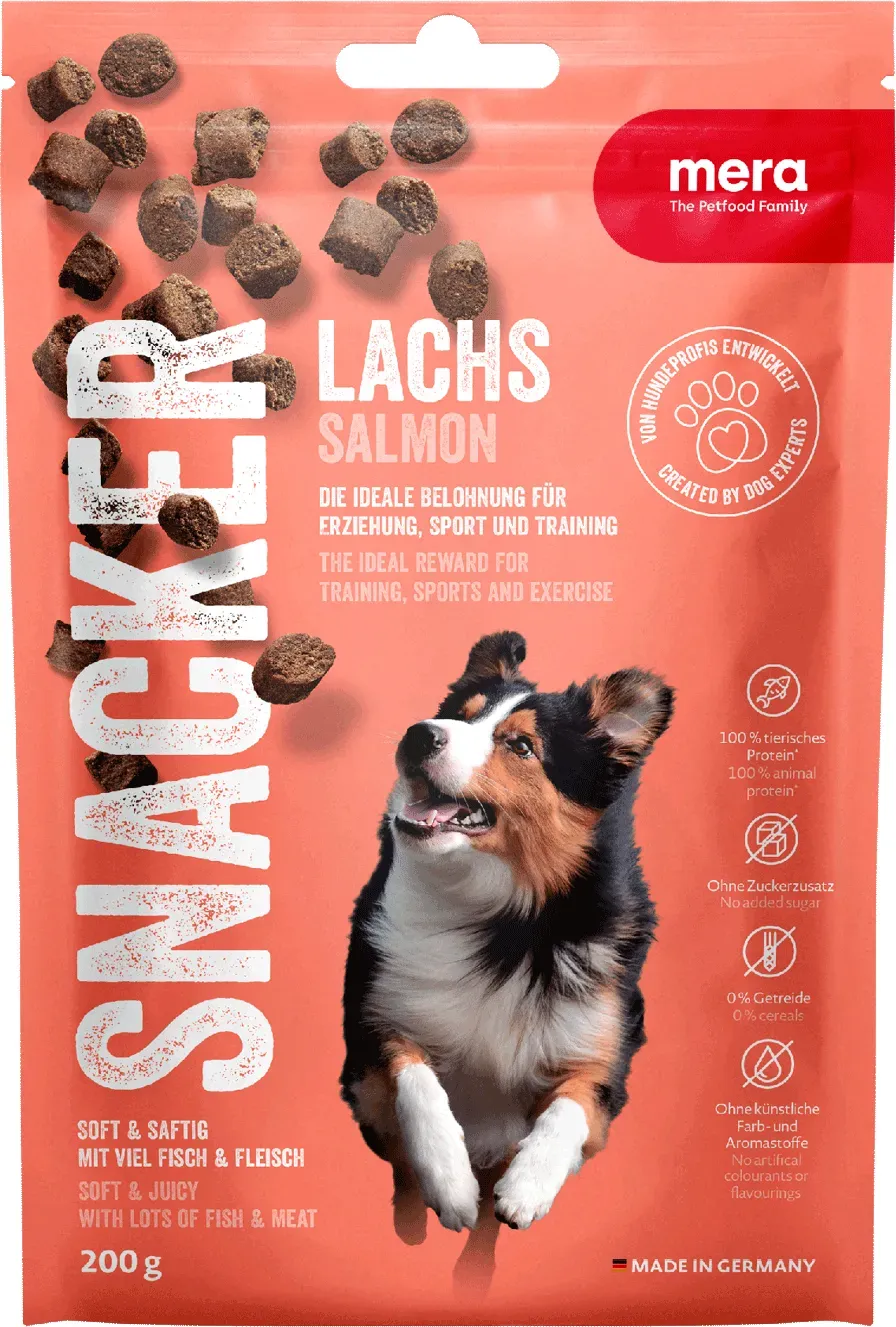 mera Snacker Lachs Leckerlis für Hunde | Unsere saftig soften Trainingssnacks | Hundesnacks | Lecker und gesund belohnen, trainieren und verwöhnen 200g