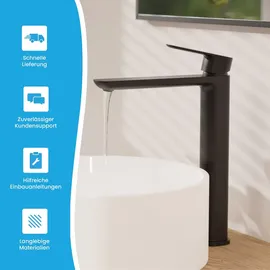 Bächlein Badarmatur Mizarela hoch in klassischem Design, Einhebelmischer für Aufsatzwaschbecken mit langlebiger Keramikkartusche und Montage-Set, Bad Wasserhahn Matt Schwarz - flacher Auslauf