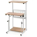 2-in-1 Sitz-Steh Schreibtisch höhenverstellbar, Computertisch mit 2 separaten Arbeitsstation, Neigbarer Laptoptisch mit Fußstütze - Weiß