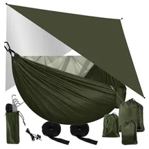 TRIZAND Hängematte 2 Personen mit Moskitonetz + Tarp Camping Ultraleicht 250kg Khaki