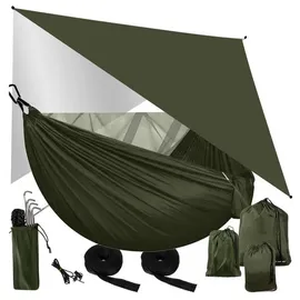 TRIZAND Hängematte 2 Personen mit Moskitonetz + Tarp Camping Ultraleicht 250kg Khaki