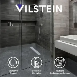 VILSTEIN Duschrinne 120cm, Edelstahl Bodenablauf Komplettset, extra flach, Siphon mit Geruchsstop, Haarsieb