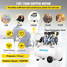 Vevor Flüsterkompressor 50 L, Leise Ölfrei Kompressor 750 W, Ölfrei Luftkompressor 68 dB, Druckluftkompressor 230 V, Silent Druckluft Kessel 170 L / min Abgasvolumen, mit Eingebautem Abluftventilator