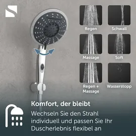 Schütte Handbrause SCHÜTTE "Wasserfall", grau (chromfarben), B:15cm H:29cm T:5cm, Duschköpfe, Handbrause, mit 5 Strahlarten, chwallauslauf, Brausekopf mit Wasserstopp-Funktion