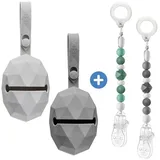 MiaMia 4-tlg. Schnuller-Zubehör-Set - 2x Silikon-Schnullerbox + 2x Schnullerkette mit Silikon-Perlen & Gummiring inkl. Clip - Grau Grün