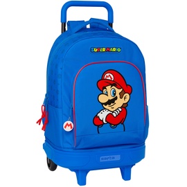 SAFTA Super Mario Play Großer Rucksack mit Rädern, kompakt, abnehmbar, ideal für Kinder unterschiedlichen Alters, bequem und vielseitig, Qualität und Widerstandsfähigkeit, 33 x 22 x 45 cm, Blau/Rot,