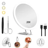 JJhxr 20X Vergrößerungsspiegel mit Licht, 6“ großer Makeup Vergrößerungsspiegel, 3 Farben Dimmbarer Makeup Spiegel mit 360° Tischständer, Tragbarer LED Vergrößerungsspiegel mit 3 Saugnäpfen