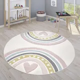 Paco Home Kinderteppich »Cosmos 351«, rund, 16 mm Höhe, Kurzflor, Spielteppich, Motiv Regenbogen Herz, Kinderzimmer Junge Mädchen Pastell 3D Creme Rosa 160 cm 1 St.