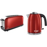 Russell Hobbs Toaster Langschlitz Colours+ rot, extra breite 1 Langschlitzkammer, 6 einstellbare Bräunungsstufen + Auftaufunktion & Wasserkocher Colours+ rot, 1,7l, 2400W, optimierte Ausgusstülle