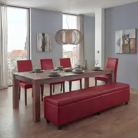 Mendler Garnitur Sitzgruppe Bank mit Aufbewahrung Kriens XXL+4 Stühle Littau, Kunstleder/Leder FSC®-zertifiziert ~ rot