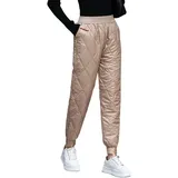 Vagbalena Frauen Rhombus Gesteppte Flauschige Daunenhose verdickte warme Hose Sieht dünn aus, hohe Taille, lockere Freizeithose, warme Winterhose, Schneehose, warme Skihose (Khaki,3XL) - 3XL