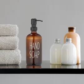 Relaxdays Seifenspender, 2er Set, Edelstahl-Pumpkopf, nachfüllbar, Bad, Küche, Flüssigseifenspender, 500 ml, braun