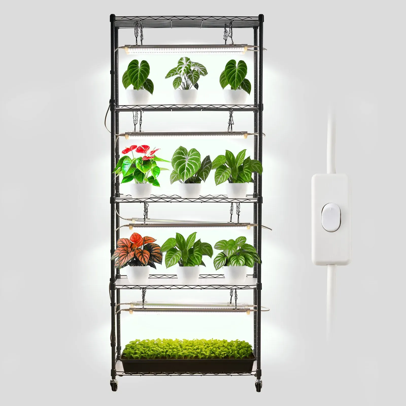 VEVOR DIY-Pflanzenregal mit Wachstumslichtern, Pflanzenständer mit Rädern, 192 W 5000 K Vollspektrum-Lichter, Pflanzenregal aus Metall, Blumenregal für Samenanzucht, 750x350x1800mm