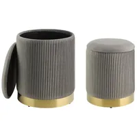 EGLO Living 2er Set Hocker mit Stauraum Mashike, Elegante Sitzhocker, runde Couch Beistellhocker, Pouf aus Samt in Grau und Metall in Gold, Samthocker Ø 36 cm