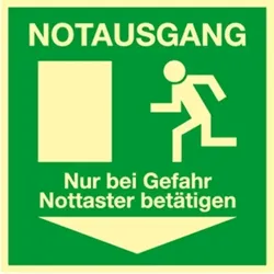 Aufkleber Notausgang Nur bei Gefahr Nottaster betätigen, Folie, nachl.,160-mcd, 148x148 mm