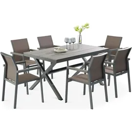 Idimex Gartenmöbel Set mit 1 Tisch und 6 Stühlen aus Alu und WPC in grau/braun, Esstisch Set in Holzoptik, Stühle mit Netz witterungsbeständig b... - Grau