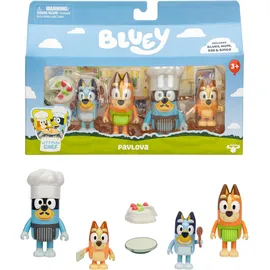 Bluey Es ist Zeit für Pavlova mit Dieser 4er-Figurenpackung Café-Wettkampf, enthält, Bingo, Bandit mit Chefkochmütze, Chilli und 2 Zubehörteile, Vier 6–7,6 cm große Figuren mit beweglichen Gelenken