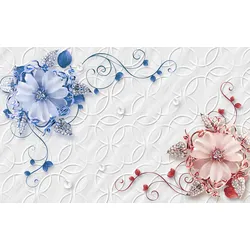 Fototapete PAPERMOON "Muster mit Blumen rot blau", bunt, B:3,00m L:2,23m, Vlies, Tapeten