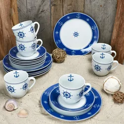 Ahoi 18tlg Kaffeeservice Porzellan 6Pers Tasse Untertasse Teller Anker nautisch